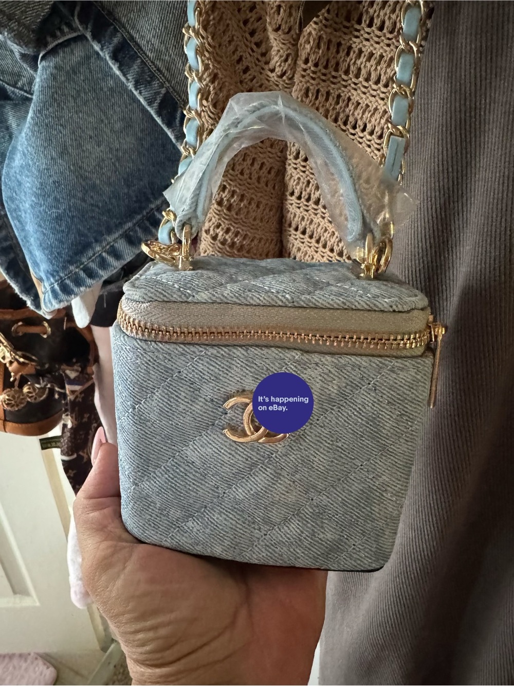 Chic Light Blue Quilted Top-Handle Vanity Bag with Gold Hardware